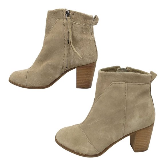 Toms Lunata Suede Ankle Stack Heeled Boots US 6 UK 4 EU 36.5 Taupe Side Zip Boho - Picture 10 of 11